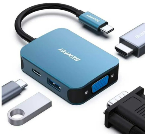 Koncentrator hub BENFEI USB C 4 w 1, przejściówka z USB C na HDMI VGA.